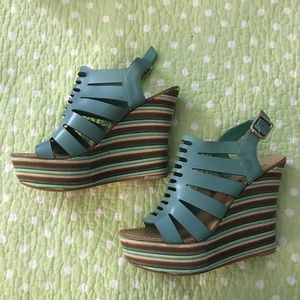 Anna Luz Teal Leather Wedge Heel Sandals
